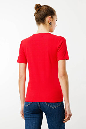 Kadın V Yaka Kaşkorse Pamuk T-shirt Kırmızı