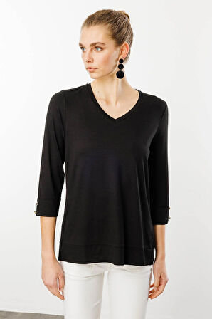 Kadın V Yaka Penye Bluz Siyah