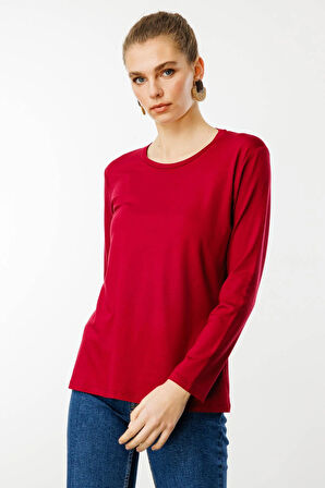 Kadın Sıfır Yaka Basic Penye Bluz Vişne