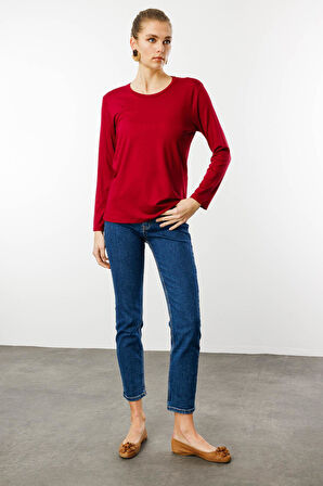 Kadın Sıfır Yaka Basic Penye Bluz Vişne