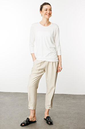 Kadın Sıfır Yaka Düz Penye Bluz Ekru