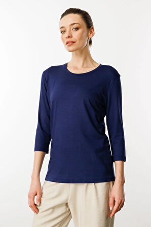 Kadın Sıfır Yaka Düz Penye Bluz Lacivert