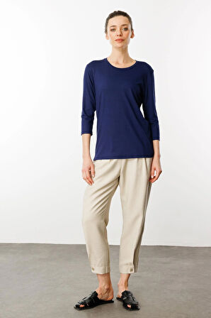 Kadın Sıfır Yaka Düz Penye Bluz Lacivert