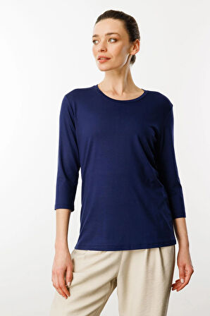 Kadın Sıfır Yaka Düz Penye Bluz Lacivert