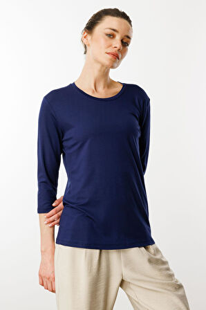 Kadın Sıfır Yaka Düz Penye Bluz Lacivert