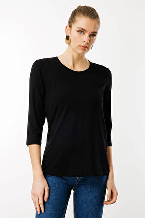 Kadın Sıfır Yaka Düz Penye Bluz Siyah