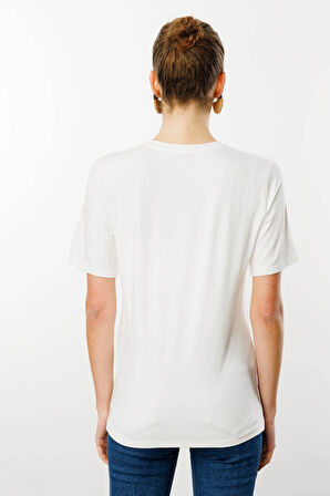 Kadın Sıfır Yaka Basic Penye T-shirt Ekru