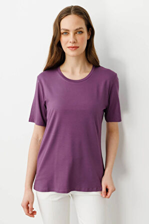 Kadın Sıfır Yaka Basic Penye T-shirt Lila