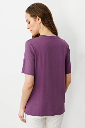 Kadın Sıfır Yaka Basic Penye T-shirt Lila