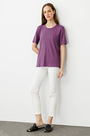 Kadın Sıfır Yaka Basic Penye T-shirt Lila