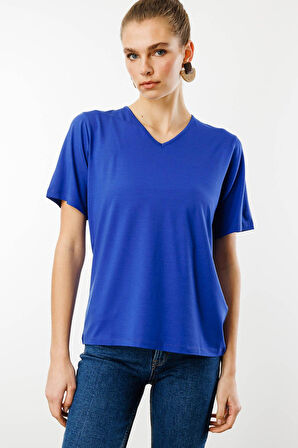Kadın V Yaka Kısa Kollu Penye T-Shirt Saks