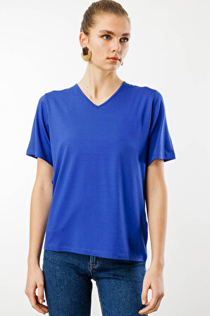 Kadın V Yaka Kısa Kollu Penye T-Shirt Saks