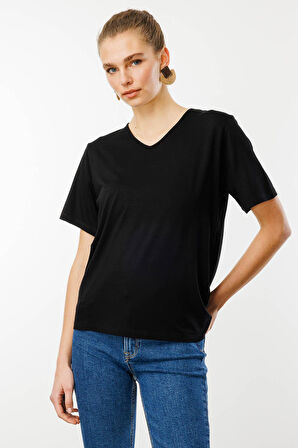 Kadın V Yaka Kısa Kollu Penye T-Shirt Siyah