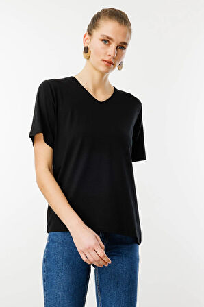 Kadın V Yaka Kısa Kollu Penye T-Shirt Siyah