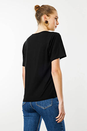 Kadın V Yaka Kısa Kollu Penye T-Shirt Siyah