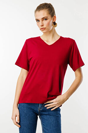 Kadın V Yaka Kısa Kollu Penye T-Shirt Bordo