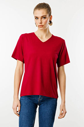 Kadın V Yaka Kısa Kollu Penye T-Shirt Bordo