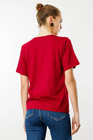 Kadın V Yaka Kısa Kollu Penye T-Shirt Bordo