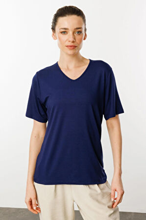 Kadın V Yaka Kısa Kollu Penye T-Shirt Lacivert