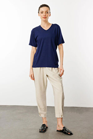 Kadın V Yaka Kısa Kollu Penye T-Shirt Lacivert