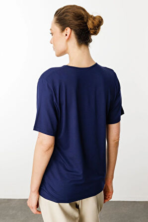 Kadın V Yaka Kısa Kollu Penye T-Shirt Lacivert