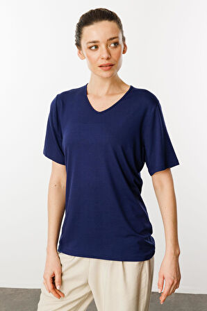 Kadın V Yaka Kısa Kollu Penye T-Shirt Lacivert
