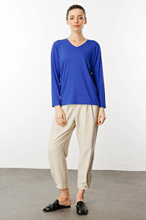 Kadın V Yaka Uzun Kollu Penye Bluz Saks