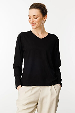 Kadın V Yaka Uzun Kollu Penye Bluz Siyah