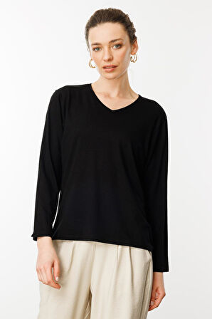 Kadın V Yaka Uzun Kollu Penye Bluz Siyah