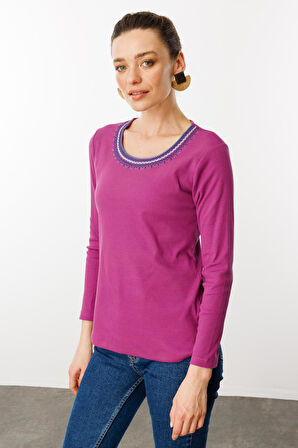 Kadın Sıfır Yaka Yakası Nakış İşlemeli Pamuklu Bluz Fuşya