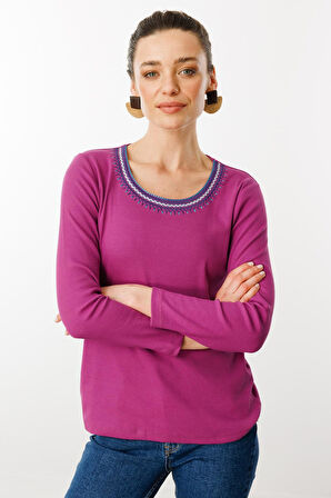 Kadın Sıfır Yaka Yakası Nakış İşlemeli Pamuklu Bluz Fuşya