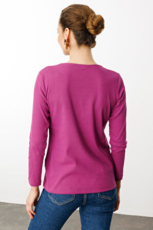 Kadın Sıfır Yaka Yakası Nakış İşlemeli Pamuklu Bluz Fuşya