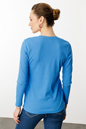 Kadın Açma Yaka Boncuk İşlemeli Triko Bluz Mavi