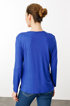 Kadın Nakış İşlemeli Uzun Kollu Penye Bluz Saks Mavi