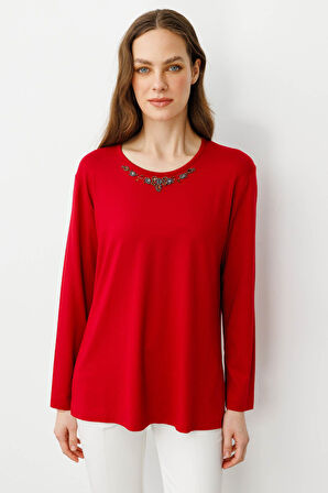 Kadın Sıfır Yaka Boncuk İşlemeli Penye Bluz Kırmızı