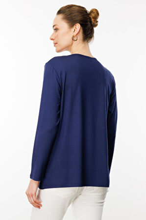 Kadın Sıfır Yaka Taş Baskılı Penye Bluz Lacivert