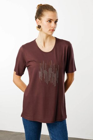 Kadın Sıfır Yaka Taş Baskılı Penye T-Shirt Kahve