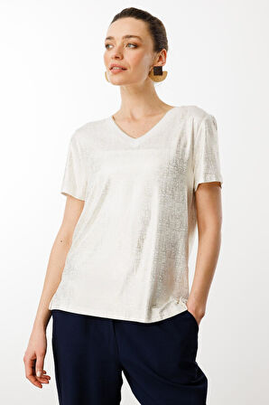 Kadın V Yaka Parlak Baskılı Penye T-Shirt Beyaz