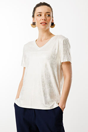 Kadın V Yaka Parlak Baskılı Penye T-Shirt Beyaz