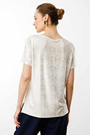 Kadın V Yaka Parlak Baskılı Penye T-Shirt Beyaz