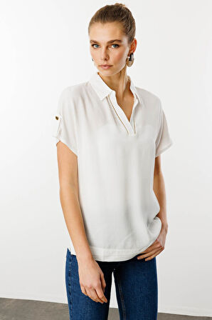 Kadın Polo Yaka Düşük Kollu Gömlek Ekru