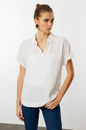 Kadın Polo Yaka Düşük Kollu Gömlek Ekru