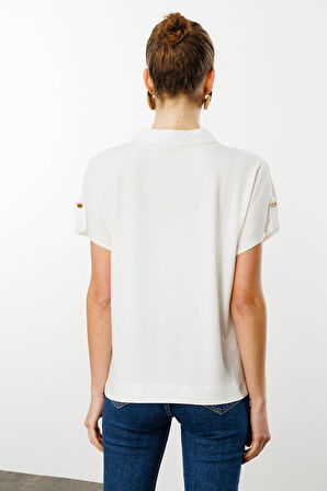 Kadın Polo Yaka Düşük Kollu Gömlek Ekru