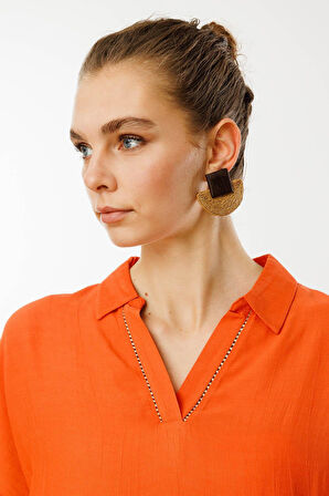 Kadın Polo Yaka Düşük Kollu Gömlek Oranj