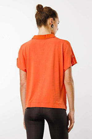 Kadın Polo Yaka Düşük Kollu Gömlek Oranj