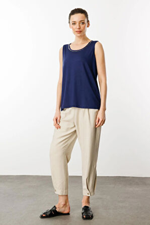 Kadın Sıfır Yaka Yakası Taşlı Askılı T-shirt Lacivert