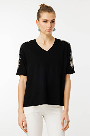 Kadın V Yaka Omuzları Taşlı Penye T-shirt Siyah
