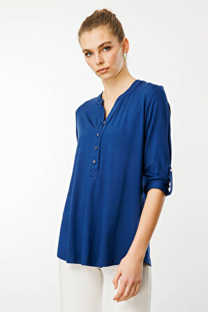 Kadın Açma Yaka Önü Düğmeli Penye Bluz İndigo