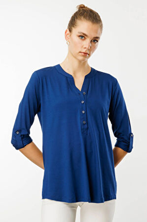 Kadın Açma Yaka Önü Düğmeli Penye Bluz İndigo