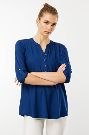Kadın Açma Yaka Önü Düğmeli Penye Bluz İndigo